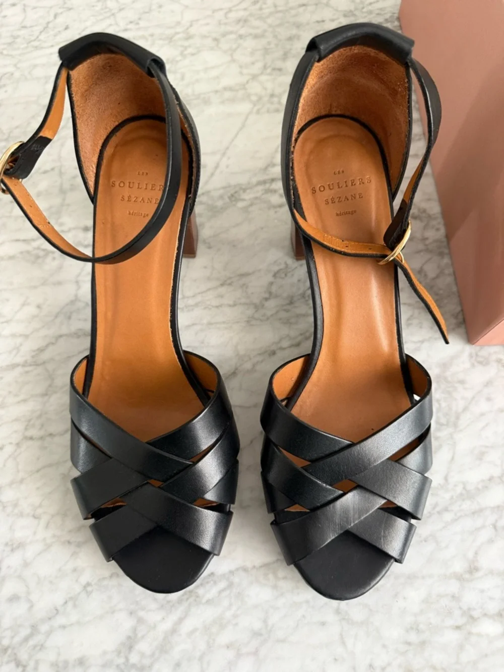 Sezane Black Leather Block Heel Sandals with Brown Wood Heel EU40